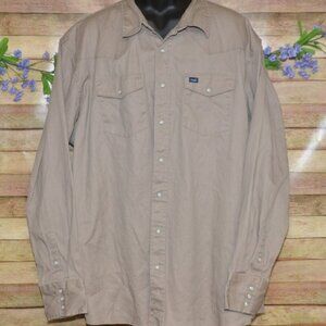 Wrangler Khaki Tan Cowboy Cut Western Work Shirt Pearl Snaps 100% Cotton 3XT